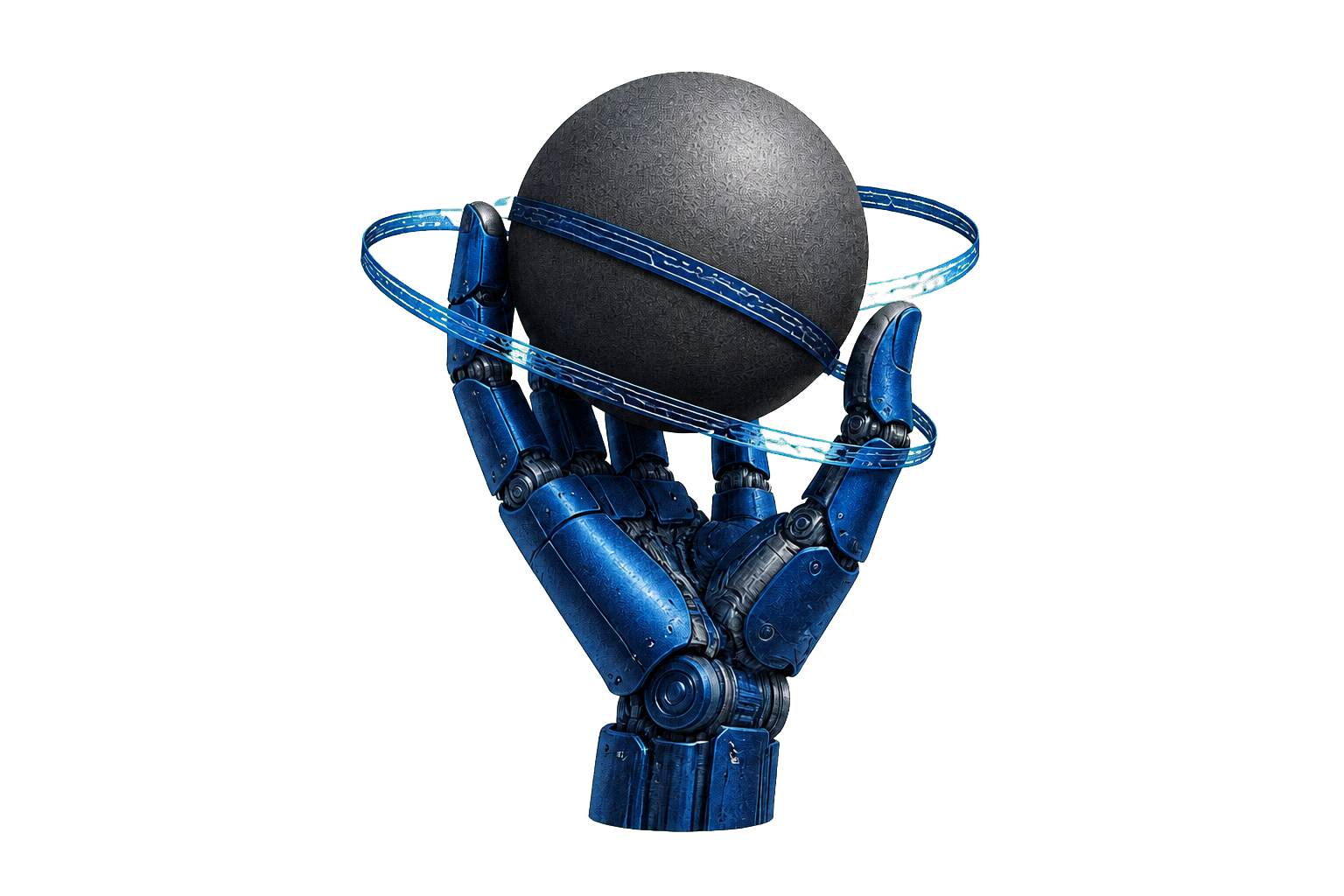 A cobalt mechanical hand holding a graphite sphere encircled by a circuit ribbon